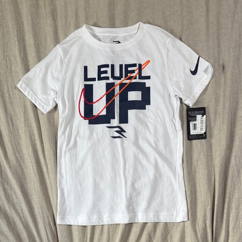 Nike White T-Shirt with Navy and Orange Graphic